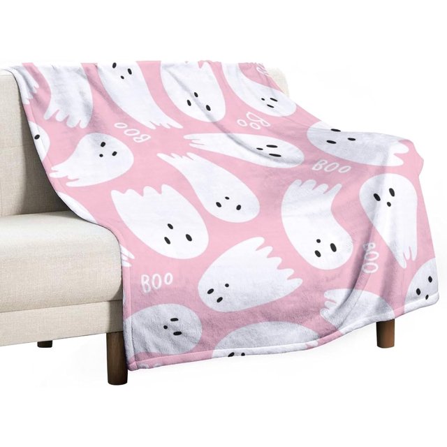 Bonitas mantas de forro polar con diseño de fantasma de Halloween, color rosa Boo, suave y acogedora manta de franela para adultos, lavable, ligera y difusa, regalo para niñas y niños de 50 x 60