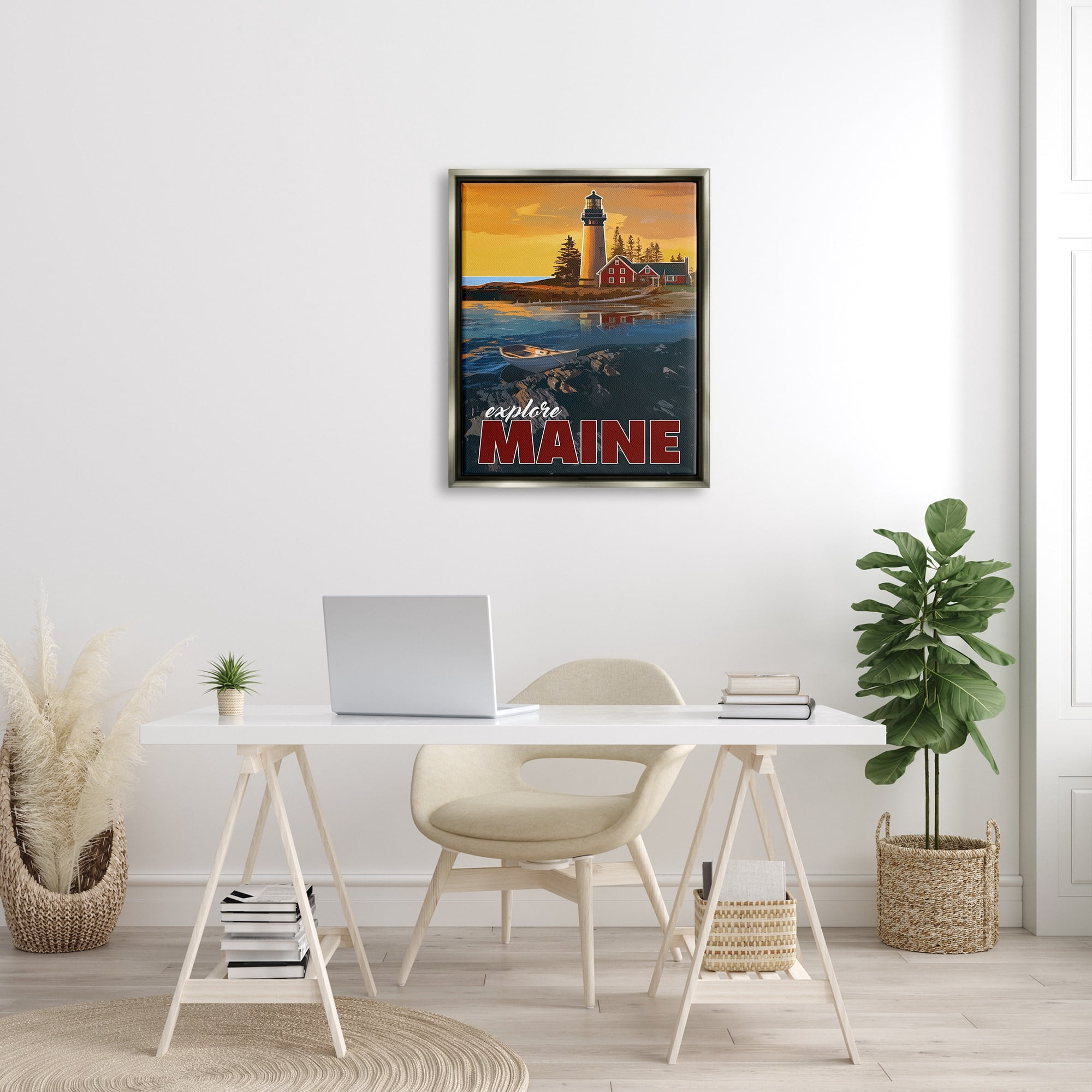 Stupell Industries Explore Maine Distant Ocean Lighthouse Beacon Travel Graphic Art Luster Gray Floating Framed Canvas Print Wall Art, Design by David Owens Illustration