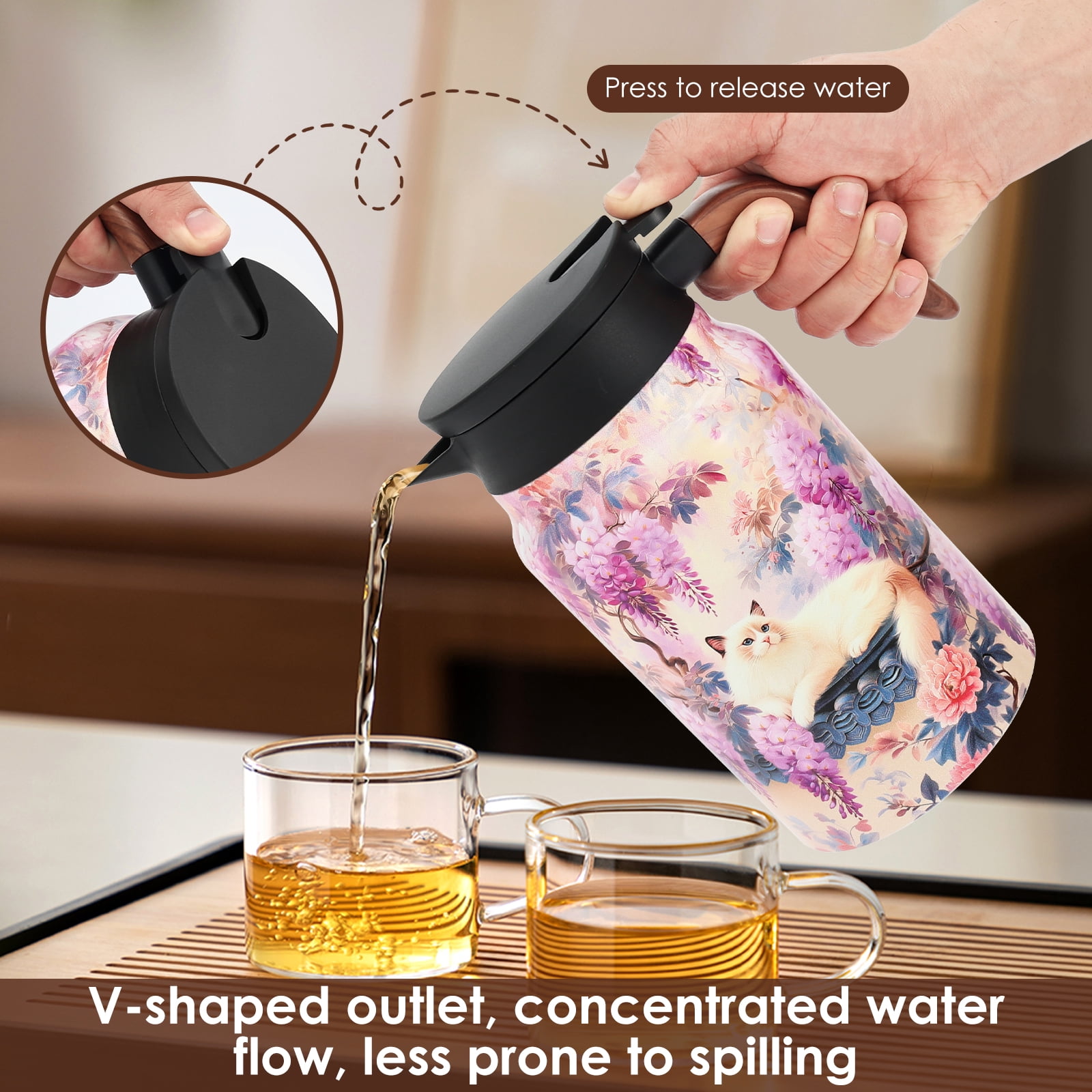 Qenwkxz 50.73 oz Insulated Teapot, Pink Vintage Floral Pattern Tea Pot with Infuser, Stainless Steel Thermal Teapot with Lid, Wooden Handle Thermal Carafe for Hot Drinks Coffee