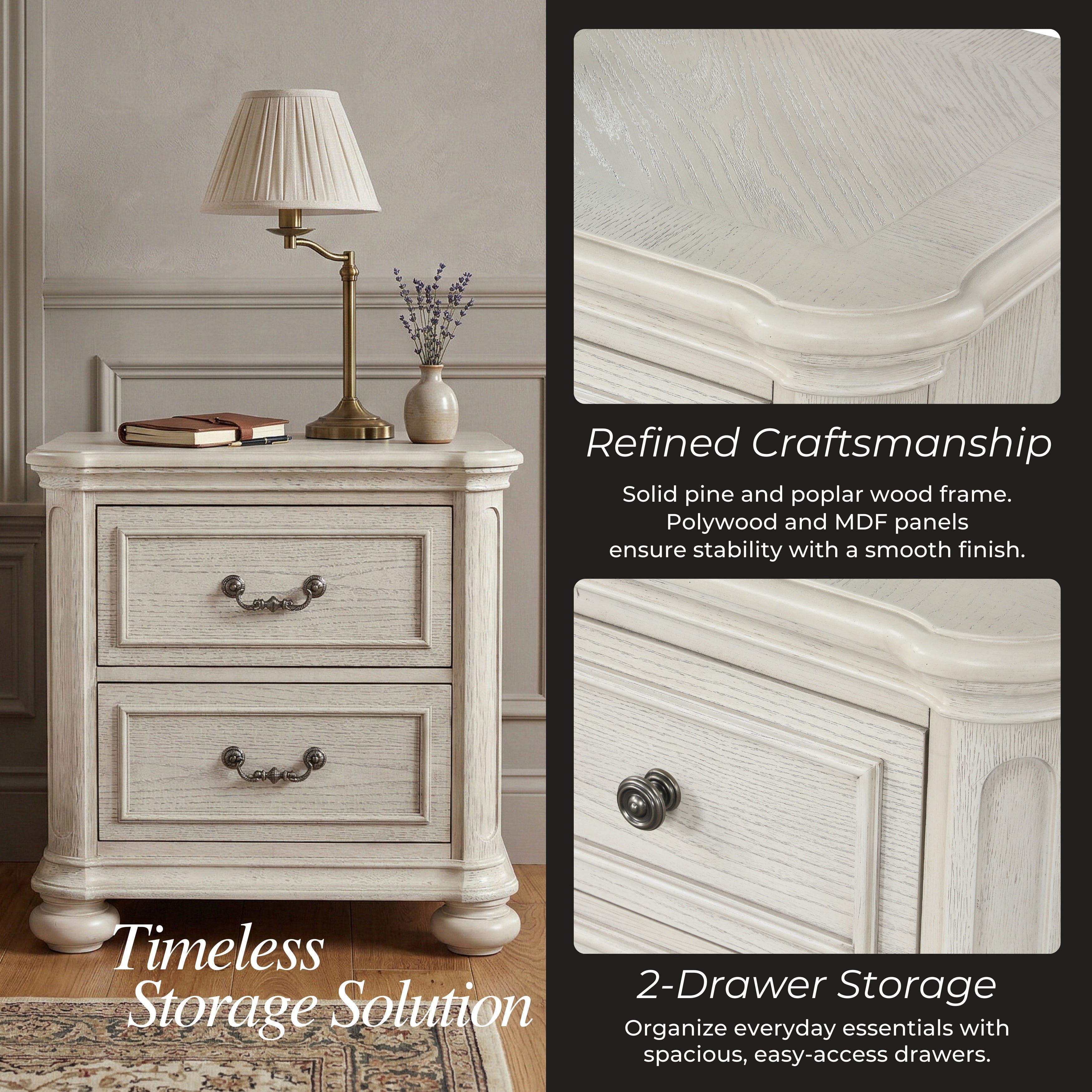 Roundhill Furniture Nelson 2-Drawer Bedroom Nightstand, Antique White