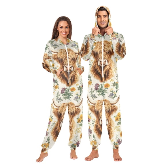 FORMRS Onesies Pajama for Adults Unisex Hoodie Winter Jumpsuit One Piece Sleepwear, Sizes S-2XL, Floral Cow