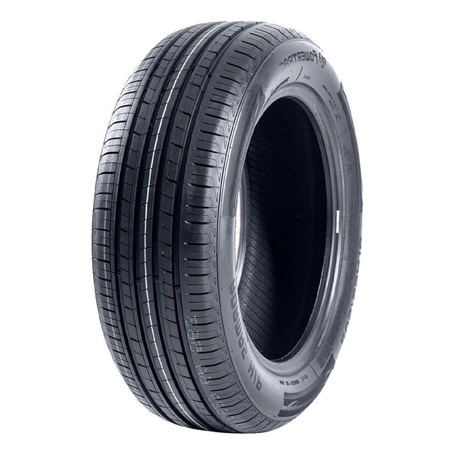 llanta 235/60r16 powertrac adamas h/p 100h powertrac adamas h/p — Llanta para auto 235/60R16 con banda de rodadura no direccional, vista 3/4 frontal que destaca ranuras longitudinales y bloques de perilla para tracción, construcción reforzada de 4 capas indicada en el flanco y nombre PowerTrac visible; también suele usarse como llanta de repuesto para viajes en rin 16.