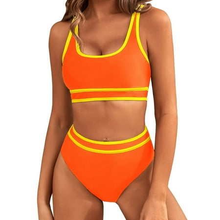 BUIgtTklOP Women s High Waisted Bikini Sets Sporty Two Piece Swimsuits Color Block Cheeky High Cut Bathing Suits