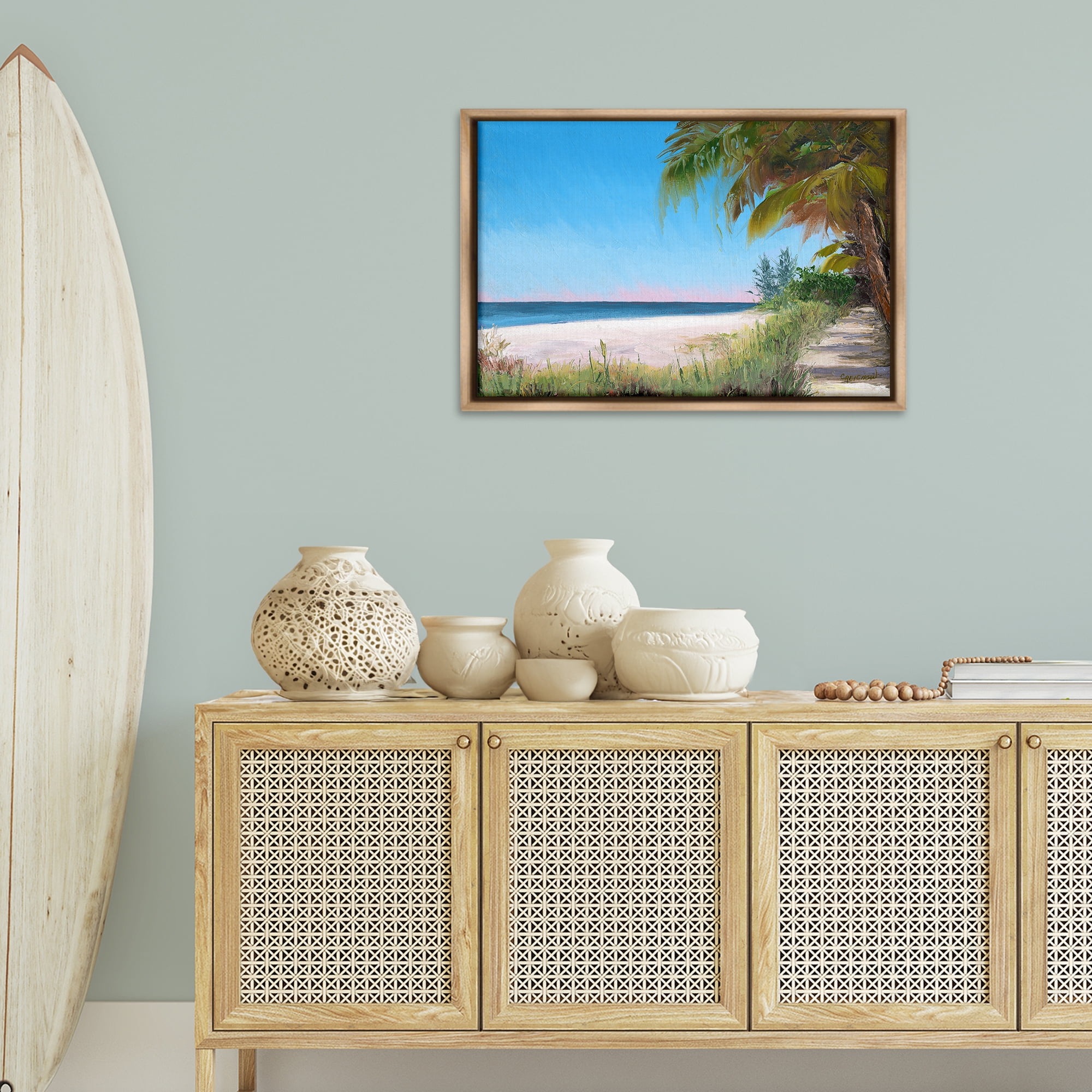 Stupell Industries Tropical Shady Path Landscape & Nature Painting Brown Floater Framed Canvas Art Print Wall Art, 31 x 21