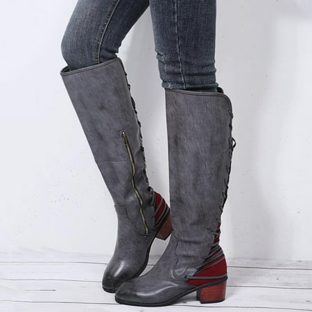 

Women Boots Retro Shoes Casual Thick Low-heeled Boots Plus Size Mid Calf Lace Up Boots