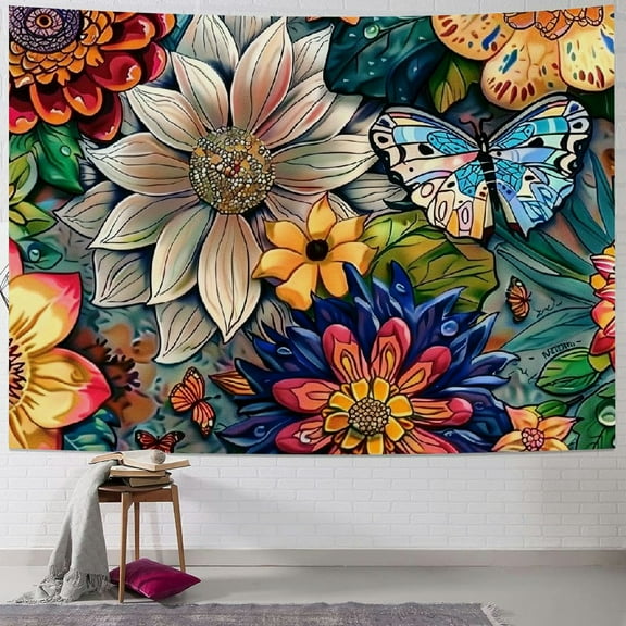 PRATYUS Colorful Floral Tapestry Wall hanging, Bright Boho Fabric Blossom Tapestries, Multi Color Tapestry for Bedroom Home Hippie Wall Decor 40x30inch