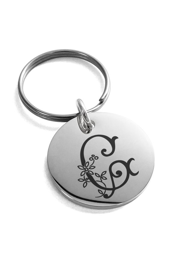 Stainless Steel Letter G Initial Floral Monogram Engraved Small Medallion Circle Charm Keychain Keyring