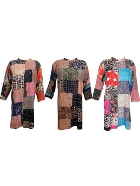 Mogul Womens Candy Tunic Dress Embroidered Button Down Patchwork Design Boho Chic Gypsy Hippie Indian Style Comfy Loose Dresses Wholesale Lot Of 3