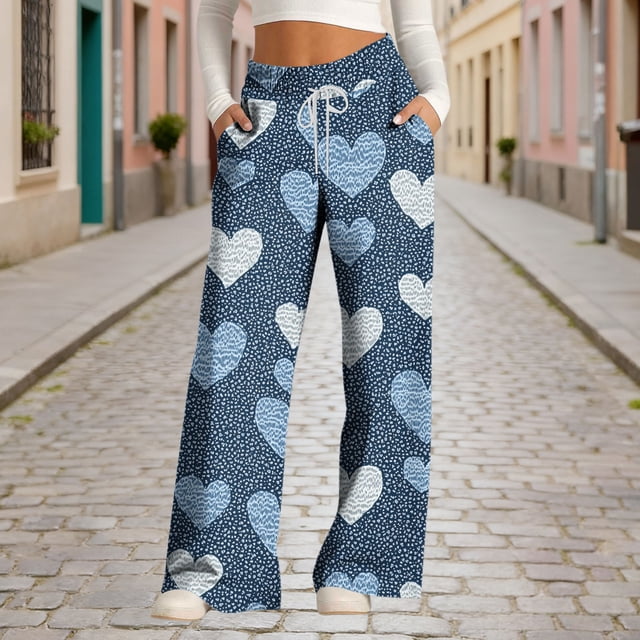 TaTaai Women Fashion Loose Casual Denim Print Wide Leg Pants Drawstring Waist with Pockets All Season Soft Fabric Daily Outdoor Street Party Wear Gift