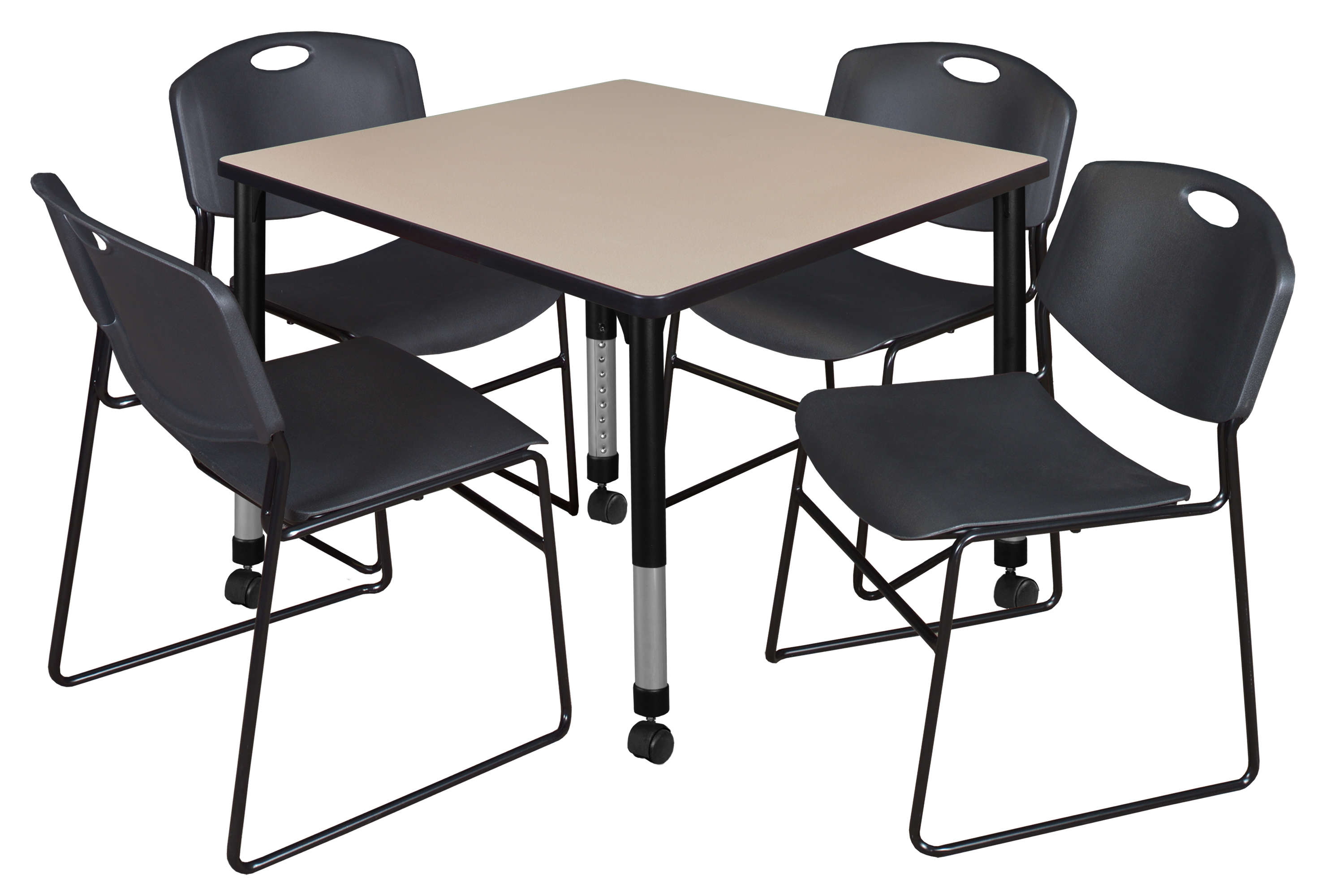 Kee 36" Square Height Adjustable Mobile Classroom Table Beige & 4 Zeng Stack Chairs Black