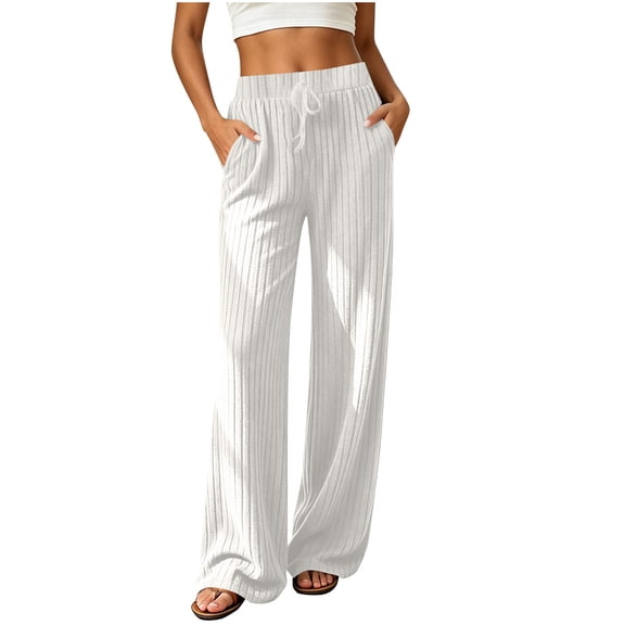 CHGBMOK Womens Ribbed Kint Lounge Pants Drawstring High Waisted Wide Leg Pants with Pockets Baggy Soft Pajama