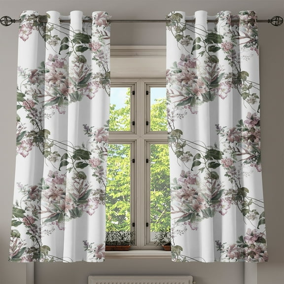 Ambesonne Floral Grommet Curtain, Blossoming Flowering Leaves, 50"x60", Pale Rose Reseda Green