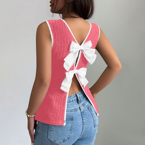HongQid Women's Sleeveless Cute Crew Neck Bow Tie Back Blouse Colorblock Split Hem Backless Tank Tops