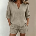 thumbnail image 2 of Women's Cotton Elastic Waist Two Piece Outfit V Neck Ruffle Short Sleeve Top with Shorts, Solid Casual Summer Set, Lounge Maternity Activewear Shorts | VerBelle,Khaki L, 2 of 8