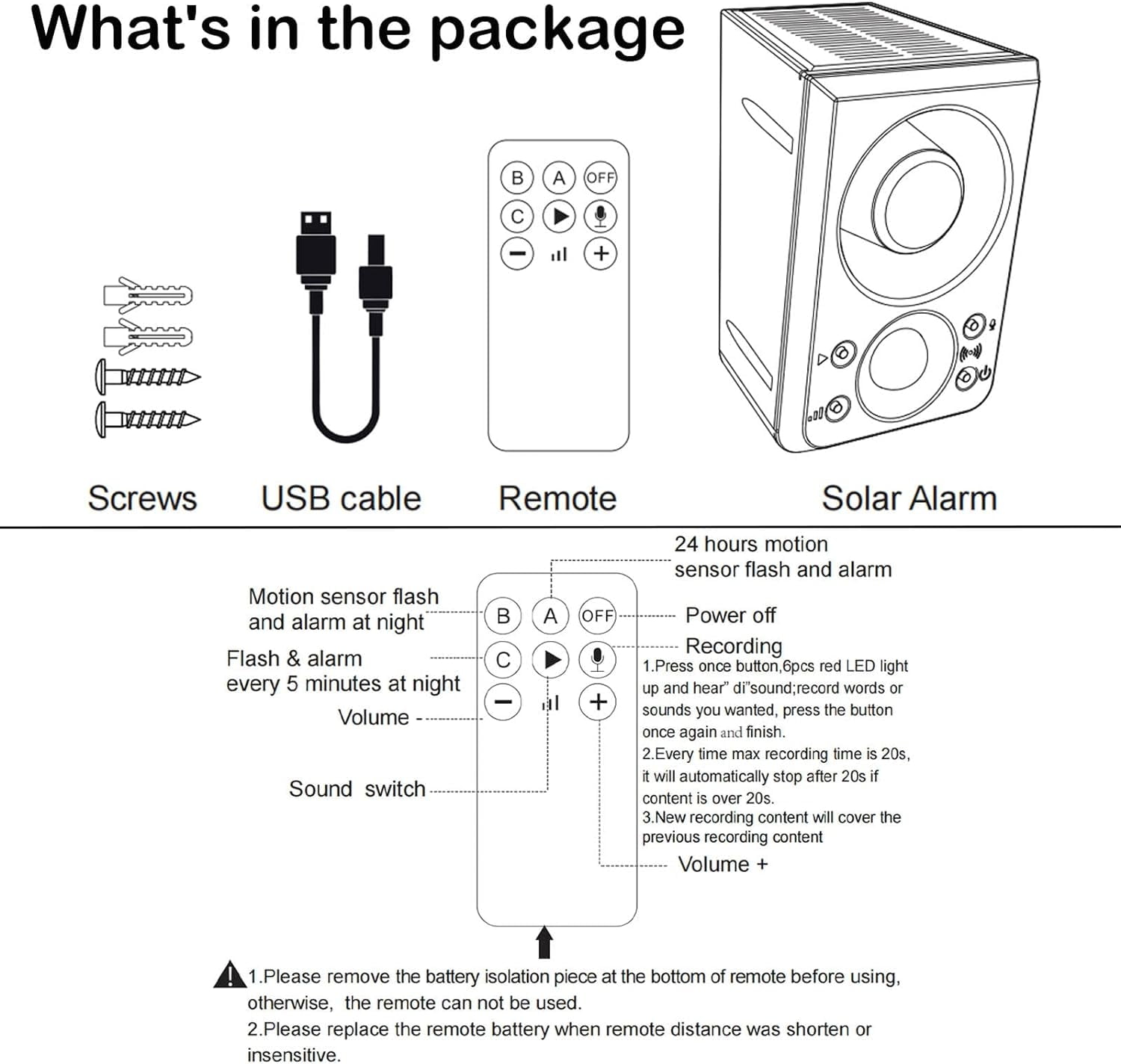 Solar Outdoor Motion Sensor Alarm - Dog Barking & Gunshot Sound 130db Motion Detector Alarm Light,with Remote Controller for Home, Villa,Yard,Chicken coop,Farm,Barn