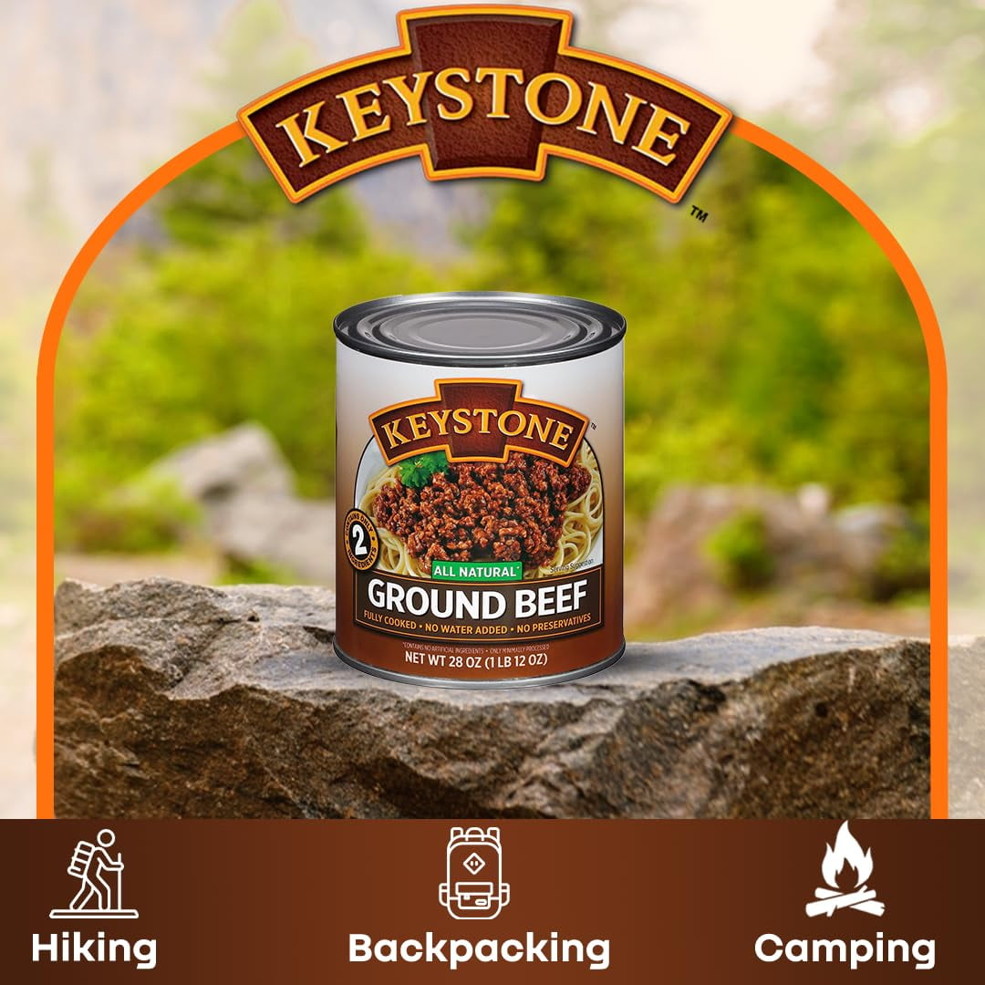 Keystone Meats All Natural Heat and Serve Ground Beef 28 oz – Fully Cooked Canned Meat – Ready to Eat – 5-Year Shelf Life – Emergency Survival Canned Food Made in USA