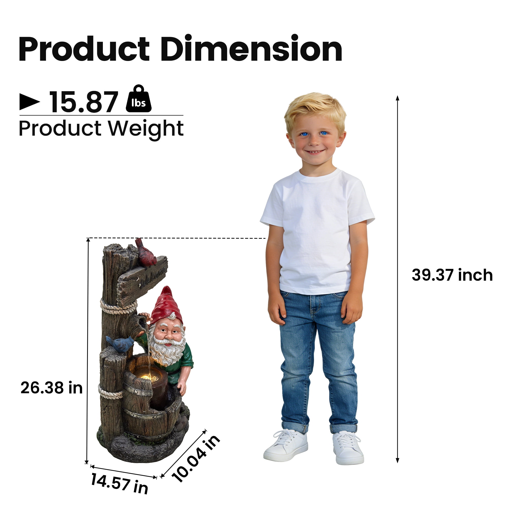 VBAL 27"H Outdoor Freestanding Water Fountain with Gnome Statues, Cascading Resin Waterfall Fountain with Warm LED Light and Pump, Home Art Decor for Garden, Patio, Yard, Balcony, Deck, Lawn, Gray