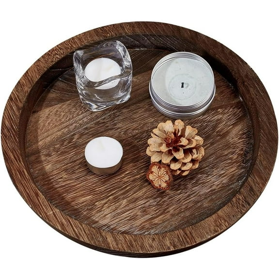 Wood Jewelry Plate Rustic Wooden Serving Tray Decorative Coffee Table Tray Round Storage Holder Coconut Brown Circle Centerpiece Decor for Home Living Dining Room Kitchen Counter Bathroom Brown
