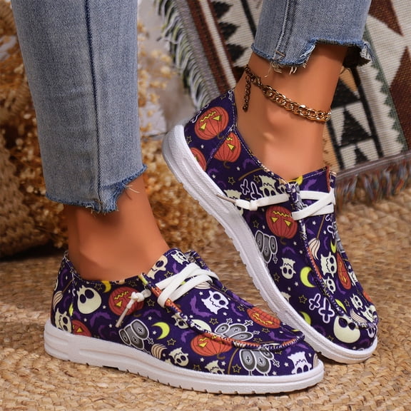 KEVCHE Halloween Canvas Shoes with Pumpkin Print for Women, Lightweight Breathable Slip On Low Top Sneaker for Travel Commuting Daily Wear, Festive Halloween Canvas Shoes