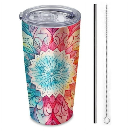 

Watercolor mandala blue and red color palette-Insulated Car Cup 20 oz Stainless Steel Travel Tumbler with Reusable Straw & Brush Hot & Cold Drinks Coffee/Tea/Office/Outdoor Drinkware