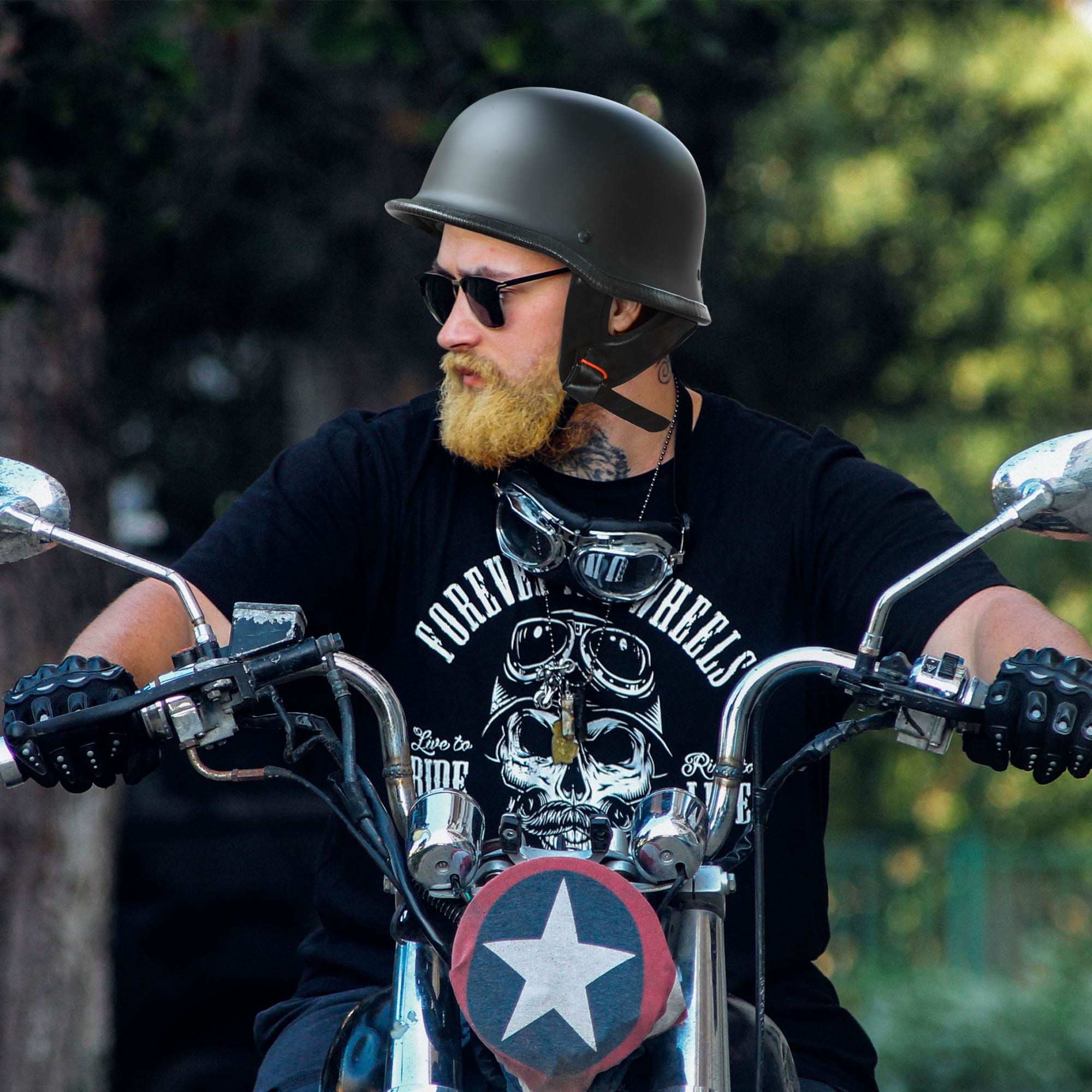 AHR RUN-G DOT German Style Motorcycle Half Helmet Half Face Cruiser Chopper Biker Skull Cap Helmet Black M
