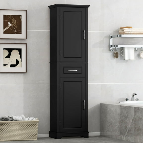 CQSXDA Tall Freestanding Bathroom Storage Cabinet, Black MDF with Two Doors and Adjustable Shelves for Organized Storage