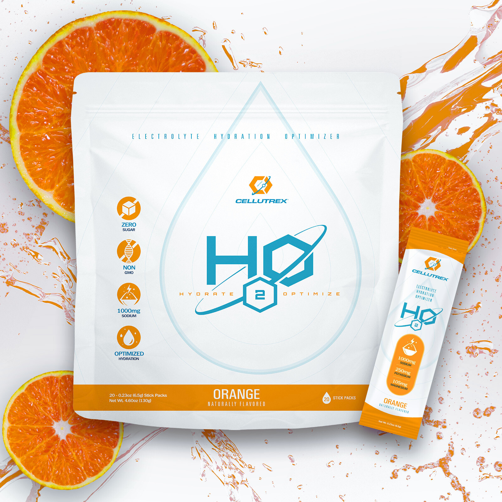 Cellutrex H2O Orange Zero Sugar Hydration Packets, Additive-Free Electrolyte Drink Mix for Workouts, Fasting & More, Non-GMO, Easy Open Electrolytes Powder Packets No Sugar, 20 Sticks