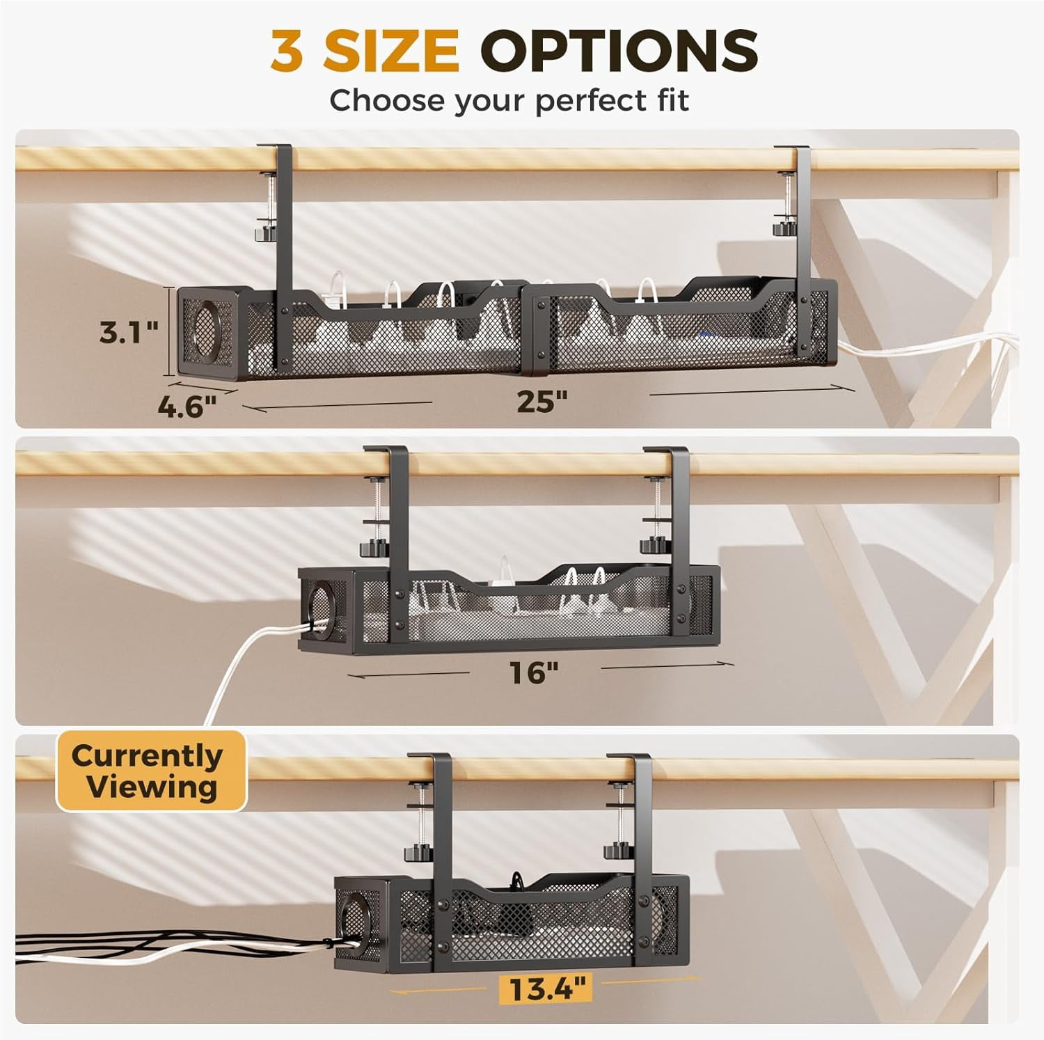 Under Desk Cable Management Tray Black,  Wire Organizers No Drill, Cable Tray with Clamp for Wire Management, Cord Organization Box for Office, Home - No Damage to Desk