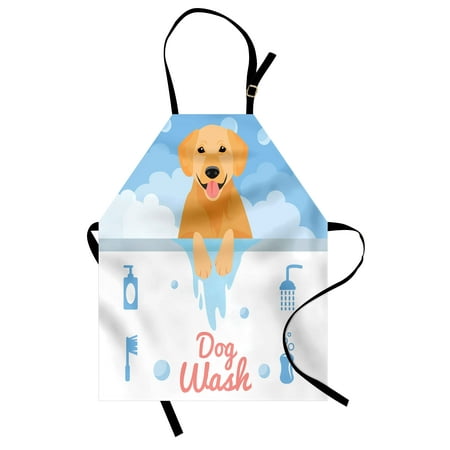 Golden Retriever Apron Dog Washing in Bathtub Cartoon Foam and Soap Hygiene, Unisex Kitchen Bib Apron with Adjustable Neck for Cooking Baking Gardening, Pale Blue Pale Orange Coral, by