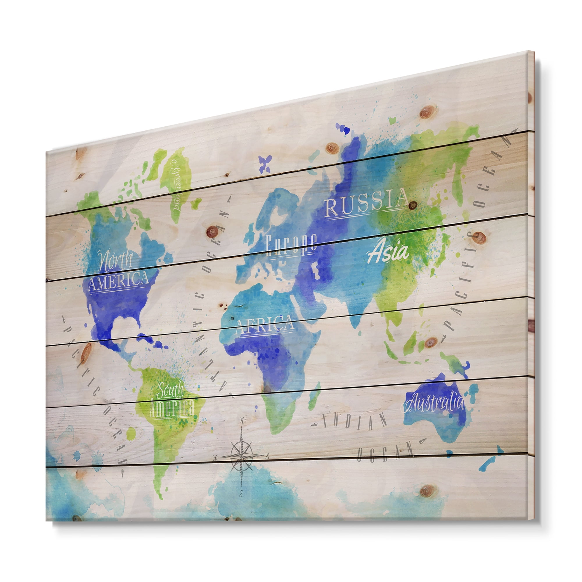 Designart 'World Map In Blue and Green' Modern Print on Natural Pine Wood