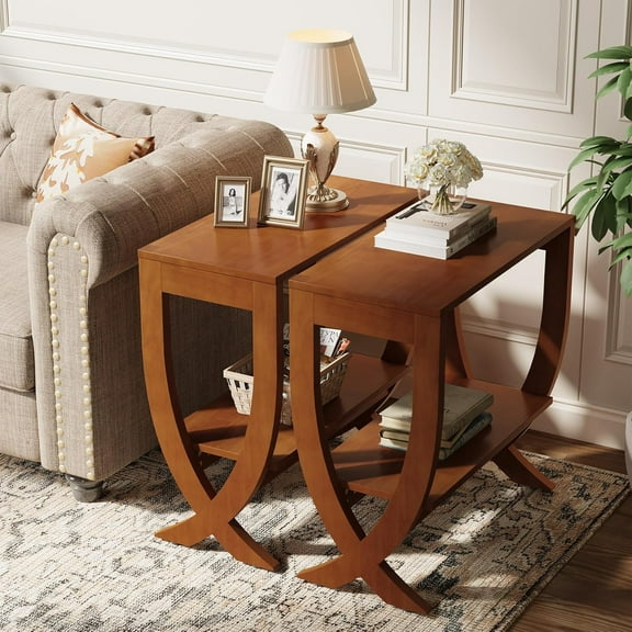 Finmind Solid End Table set of 2, 2-Tier Small Space Couch Side Table with Arched Legs for Living Room, Easy Assembly, Walnut