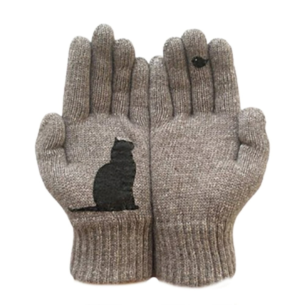 Pair Winter Gloves Touch Screen Elastic Bird Print Knitted All