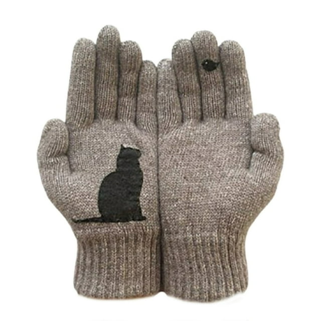 1 Pair Winter Gloves Touch Screen Elastic Bird Print Knitted All Fingers Keep Warm Anti-pilling Cat Pattern Ridding Gloves for Skiing