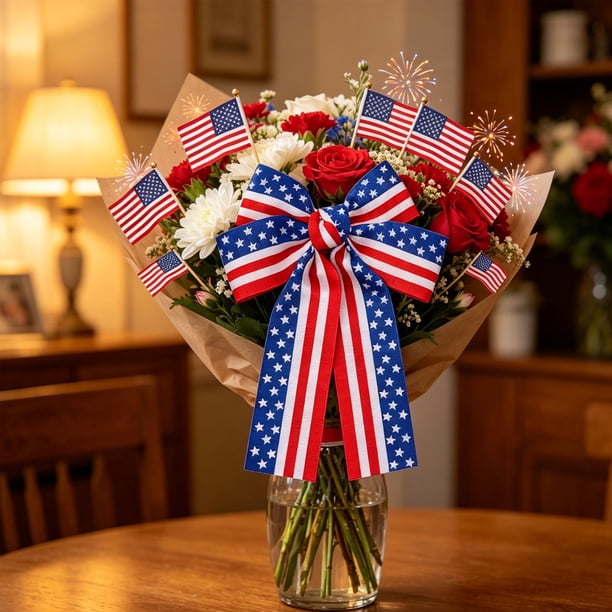 Independence Day Wreath Bows Decoration Ribbon Bows For Door Window Wall 4th Of July Memorial Day Party Decor