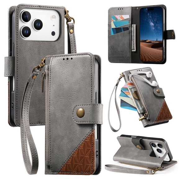 For iPhone 17 Pro Max Flip Phone Case,With Wrist Strap,Zipper Pocket,Card Slots,Flip Folding Kickstand,Anti-Scratch Splicing PU Leather,Shockproof Anti-fall Drop Protection Phone Case,Gray
