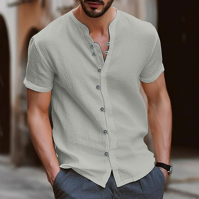 TIMIFIS Mens Short Sleeve Top Cotton Linen T Shirts Beach Solid Short Sleeve Shirts V-neck Button Closure Tops Blouse - Spring/Summer