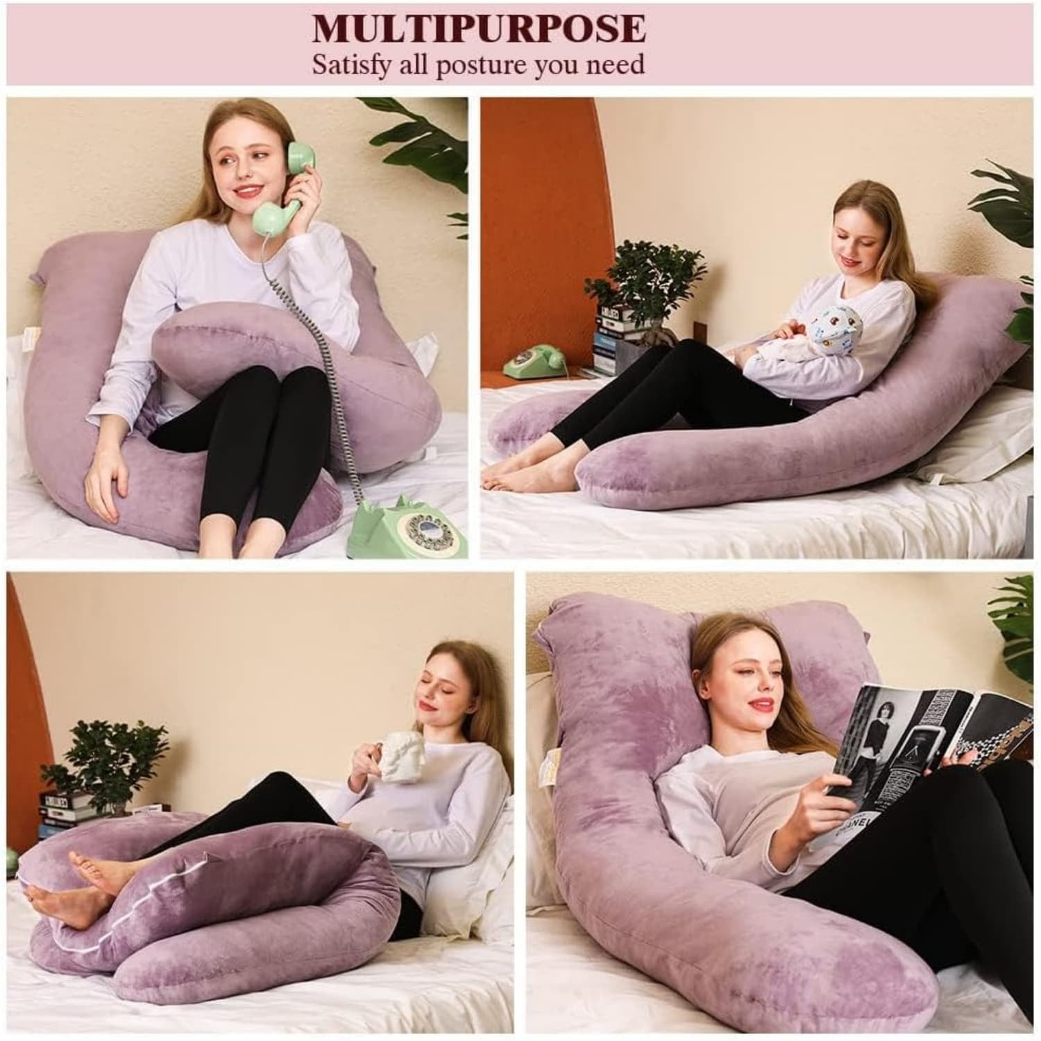 Pregnancy Pillow, U Shape Pregnancy Pillows for Sleeping, 55in Body Pillow for Sleeping, Body Pillows for Adults, Maternity Pillow, Velvet Removable Cover, Pink