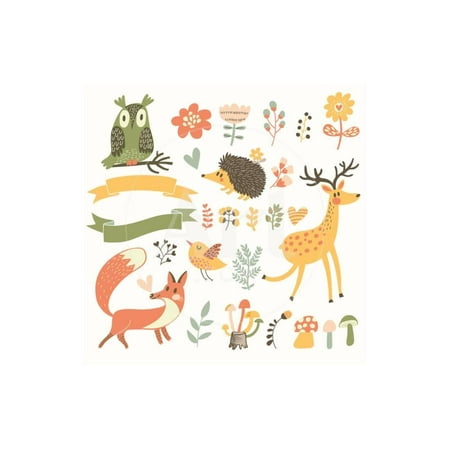 North Forest Set in Vector. Deer, Hedgehog, Owl, Bird and Fox in Cartoon Style. Ribbons with Place Print Wall Art By (Best Place To Set Up A Deer Blind)