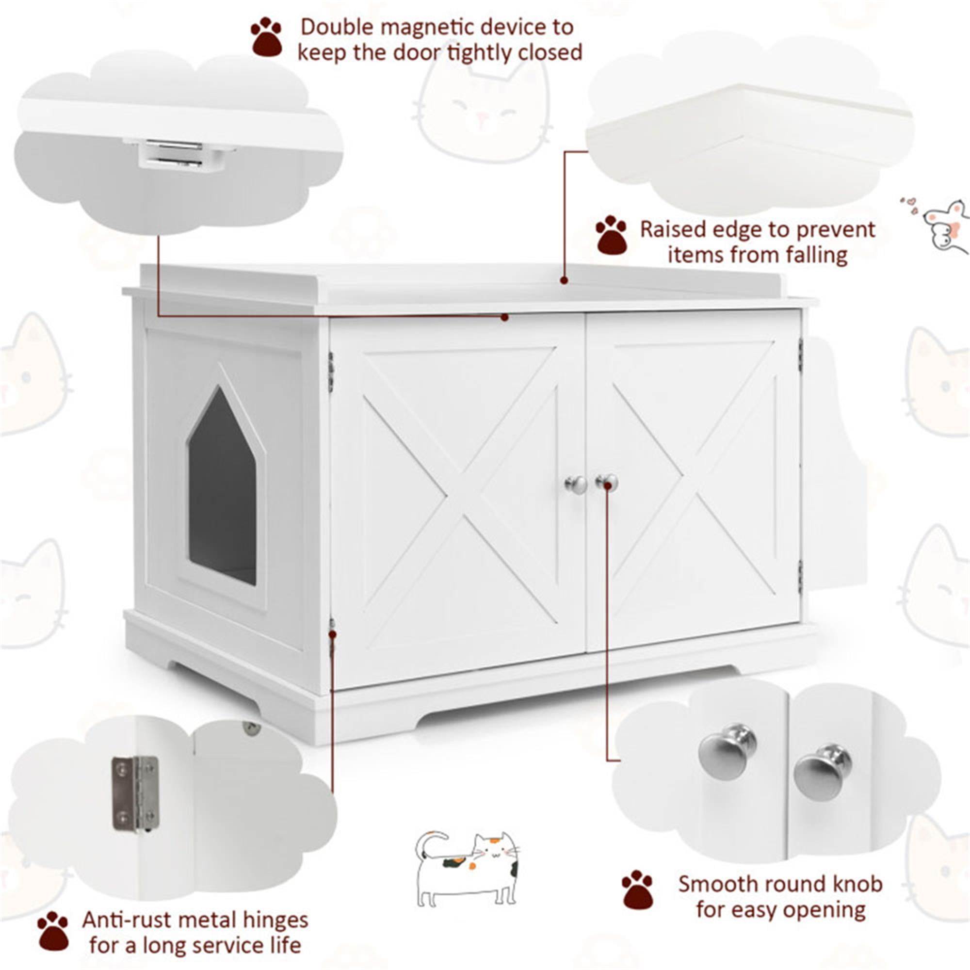 Kadyn 34" Large Enclosed Cat Litter Box Enclosure, Wood Hidden Cat Washroom, Cat House with Magazine Rack, White