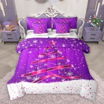 Manfei Winter Purple Xmas Tree Bedding Comforter Set 7 Pieces for Kids, Cartoon Glitter Snowflake Full Bedding Set, Western Winter Christmas Reversible Fitted Sheet Flat Sheet, Super Cozy Room Decor