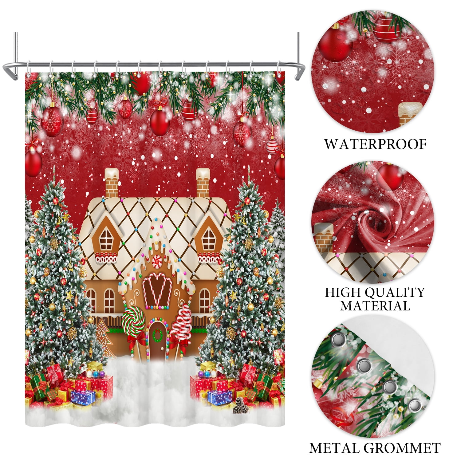 Winter Christmas Shower Curtain,Xmas Pine Tree Red Waterproof Fabric Bath Curtain with Hooks,72"x78"