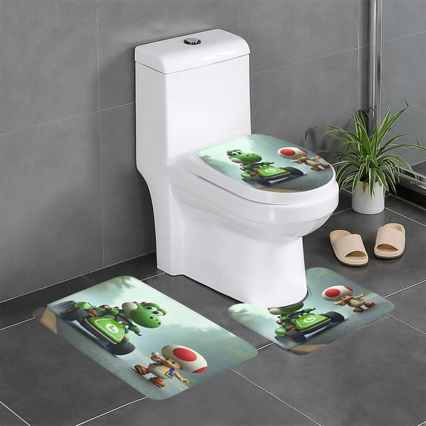 Yoshi Juego de 3 alfombras de baño de coral fleece: tapete de baño + alfombra de inodoro en forma de U + funda de tapa de inodoro en forma de O