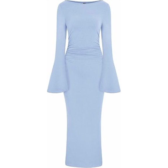 PRETTYGARDEN Women's Bodycon Maxi Dress Fall Fashion Long Bell Sleeve Ruched Fitted Elegant Cocktail Party Slit Dresses