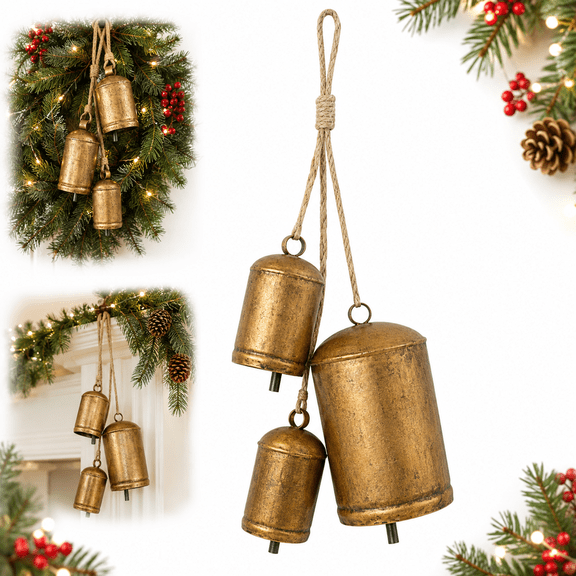 3-Piece Vintage Christmas Cow Bells, Rustic Aged Brass-Tone Metal Hanging Bells with Jute Rope, Farmhouse Holiday Decor, 4.3/3.1/2.2 in