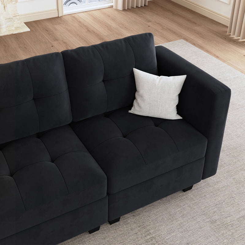 HONBAY Velvet Convertible Sofa Bed with Hidden Storage and Storage Ottomans for Living Room and Apartment, Black