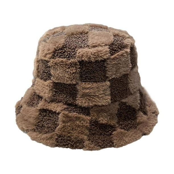 Checkered Bucket Hat Plush Adjustable Bucket Hat Warm Fisherman Hat for Men & Women for Winter & Spring-