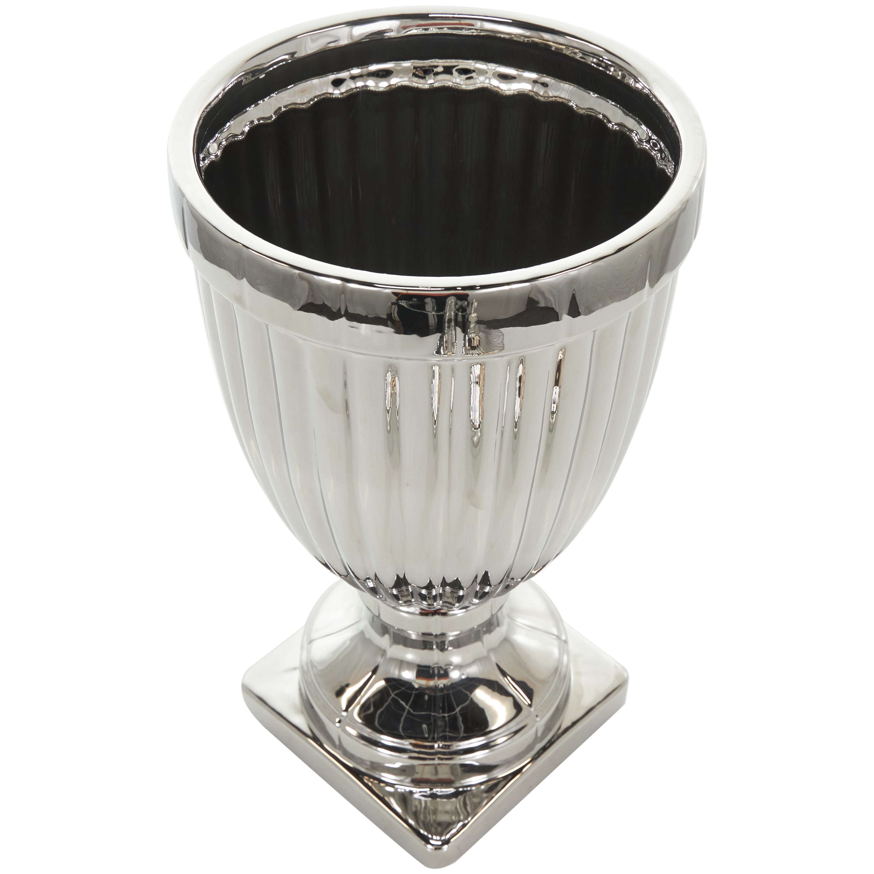 DecMode 10" x 25" Silver Ceramic Tall Decorative Jars with Grooves, 1-Piece