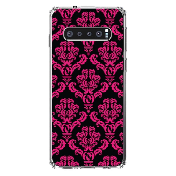 DistinctInk Clear Shockproof Hybrid Case for Samsung Galaxy S10 (6.1" Screen) - TPU Bumper, Acrylic Back, Tempered Glass Screen Protector - Black Hot Pink Damask Pattern - Floral Damask Pattern