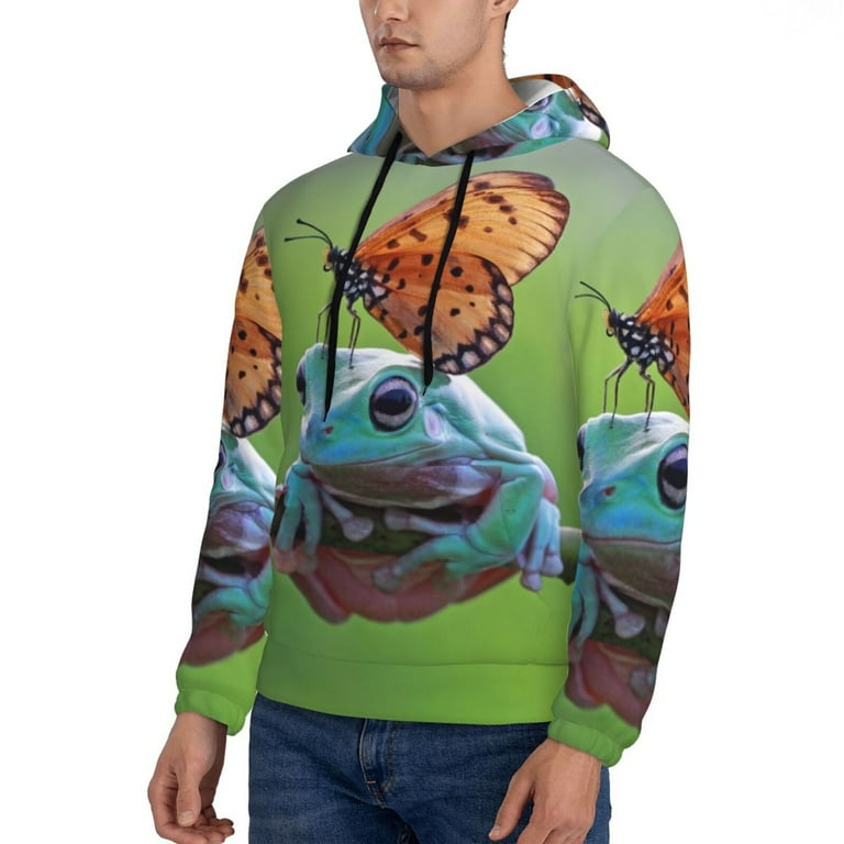 KLL Butterfly Landing On Head Dumpy Frog Print Mens Hoodie Long