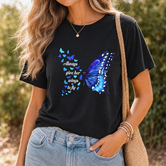 Jollimate Always Give Her Wings to Fly Shirt, Blue Butterfly Graphic Tee, Inspirational Gift for Women